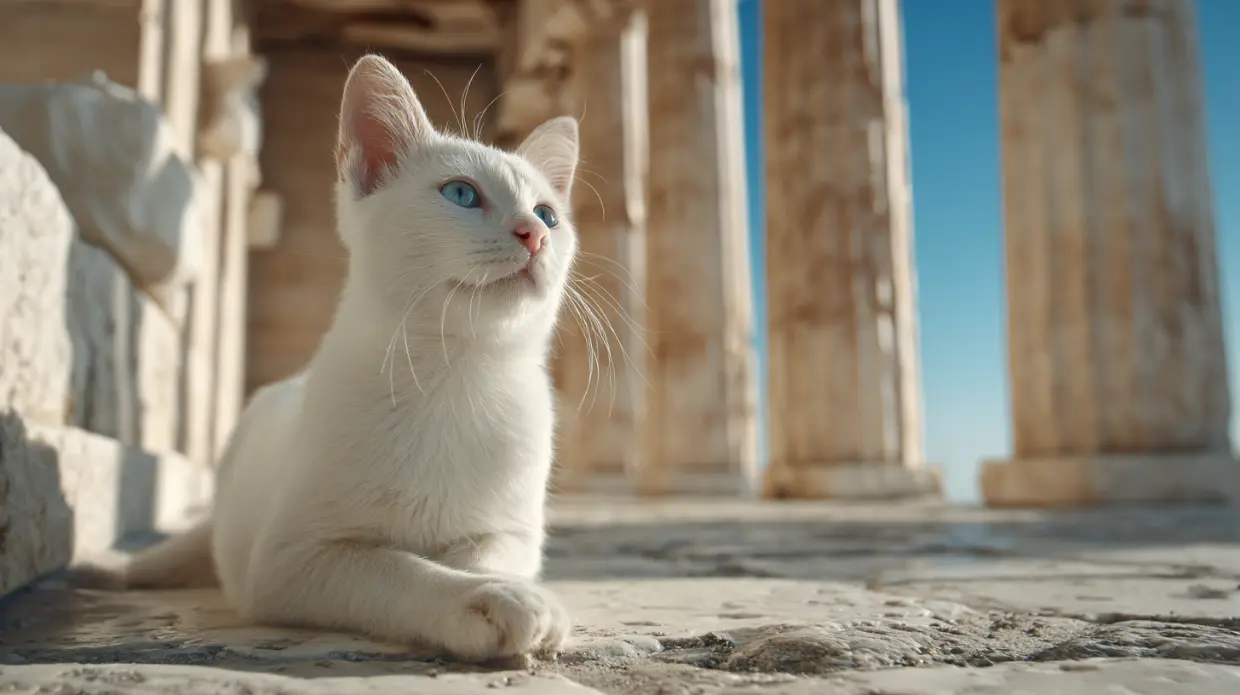 gattino bianco davanti ad'un tempio greco gattino bianco davanti ad'un tempio greco