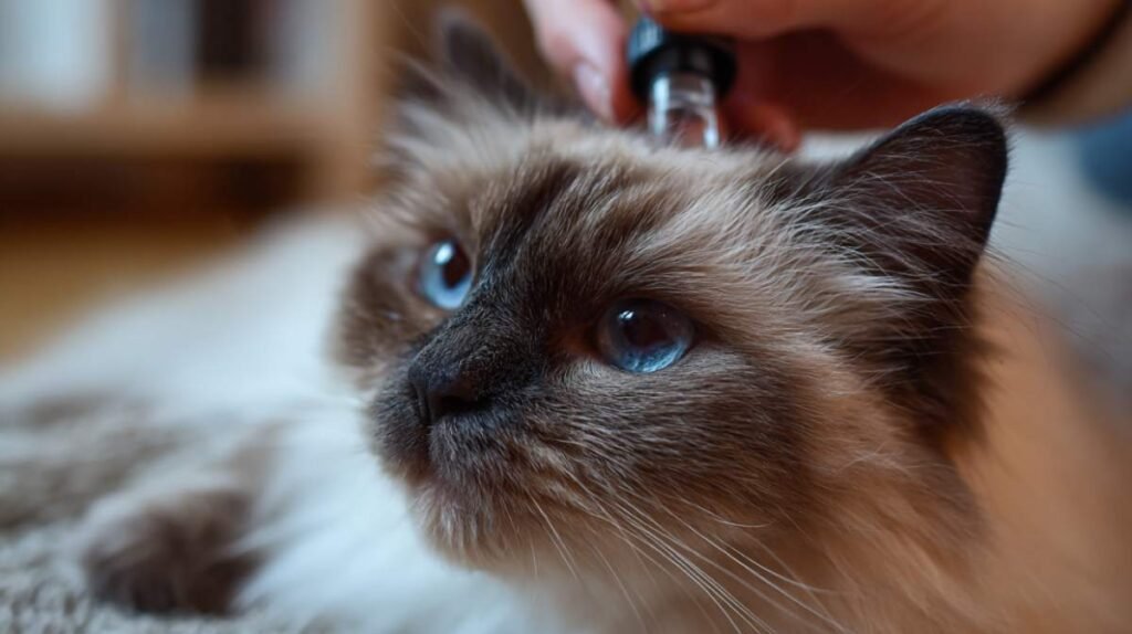 applicazione del trattamento antipulci su gatto di razza ragdoll