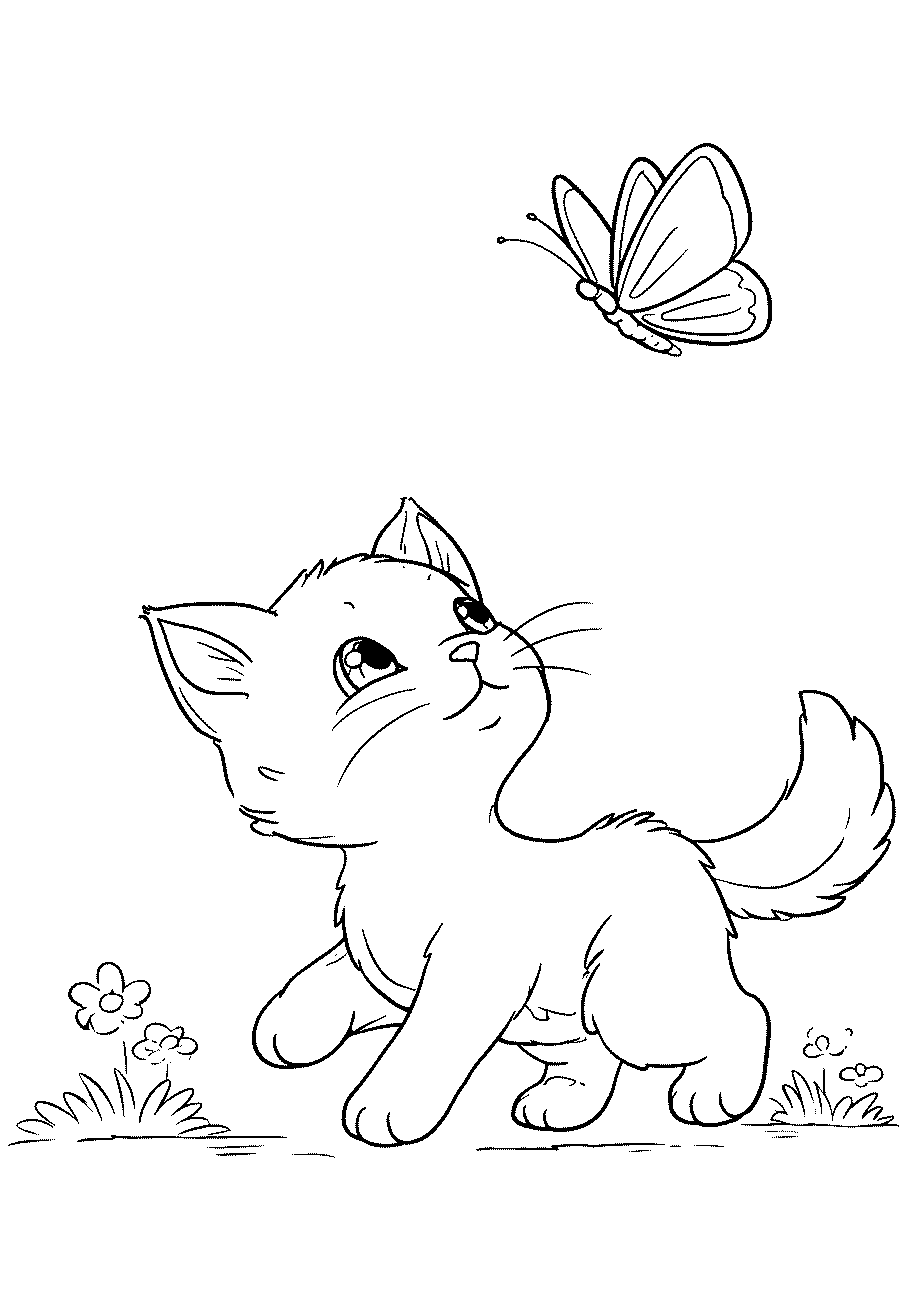 Disegni di Gatti e Gattini da sampare e colorare 28 disegno da colorare di gattino incuriosito da una farfalla che volazza dietro di lui