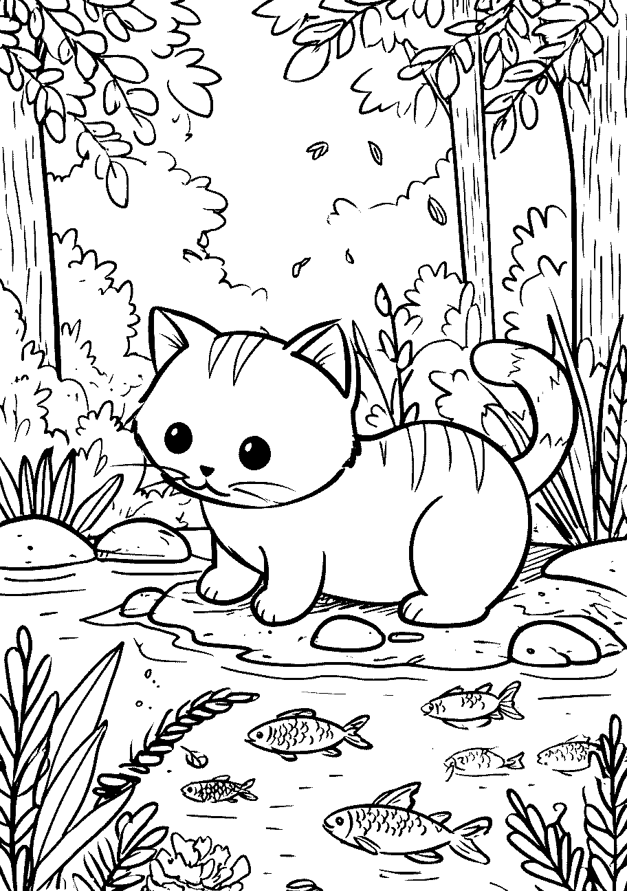 Disegni di Gatti e Gattini da sampare e colorare 34 disegno da colorare di un gatto pafuto che guarda i pesci nuotare nel lago