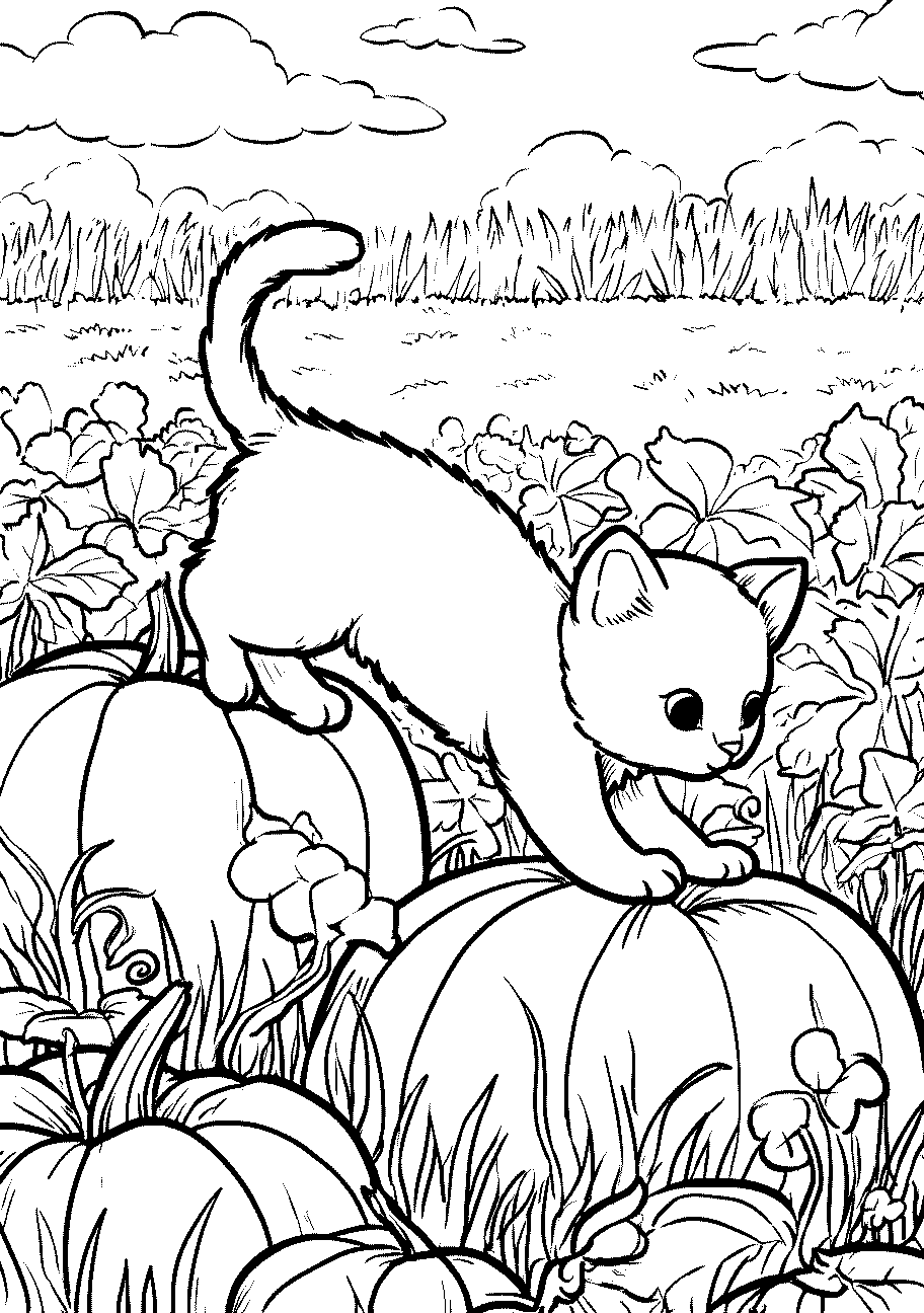 Disegni di Gatti e Gattini da sampare e colorare 14 disegno da colorare di gattino che cammina su le zucche