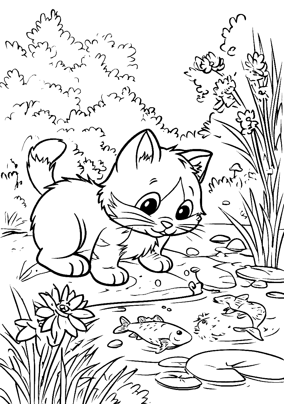 Disegni di Gatti e Gattini da sampare e colorare 19 gattino da colorare, disegno di gatto curioso che guarda i pesci in bordo al lago