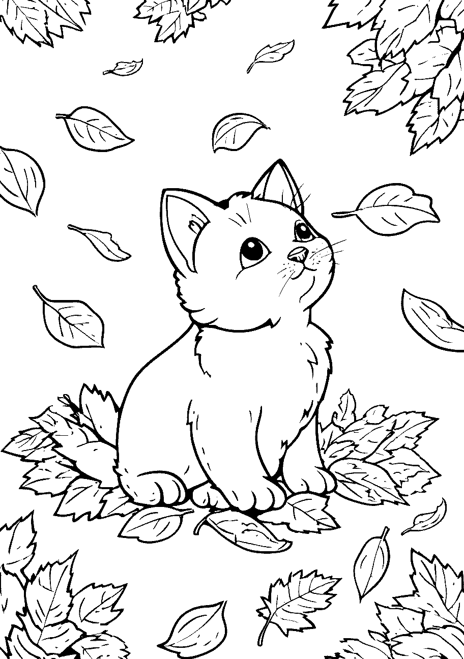 Disegni di Gatti e Gattini da sampare e colorare 20 disegno da colorare di gattino in autunno, con le foglie che cadono