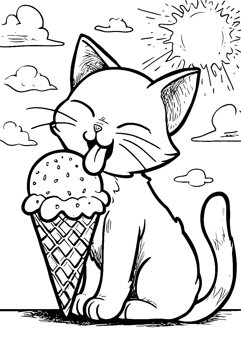 Disegni di Gatti e Gattini da sampare e colorare 1 disegno da colorare di gattino che mangia un gelato