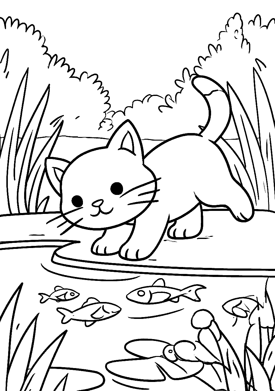Disegni di Gatti e Gattini da sampare e colorare 5 disegno da colorare di gattino che pesca in bordo al lago