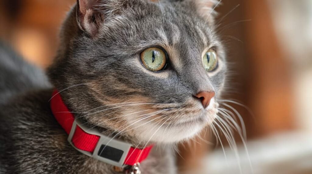 Gatto grigio porta collare antipulci di colore rosso