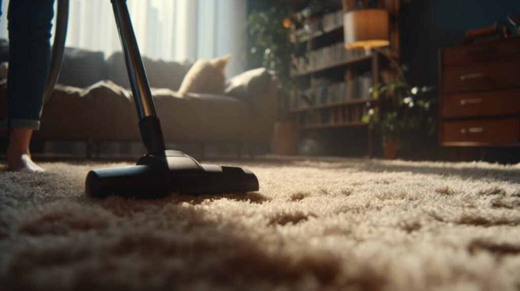 qualcuno passa l'aspirapolvere sul tappeto bianco
