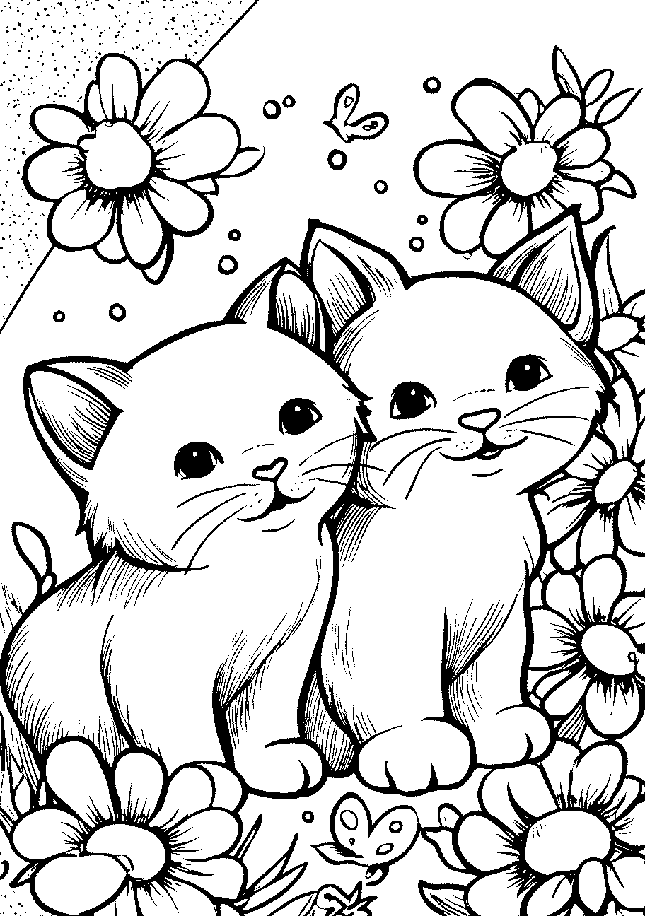 Disegni di Gatti e Gattini da sampare e colorare 11 disegno da colorare di due gattine in mezzo ai fiori